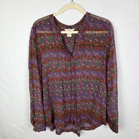 Sundance 100% Silk Floral Blouse Purple Boho Long Sleeve V Neck Colorful Size L - Picture 1 of 5